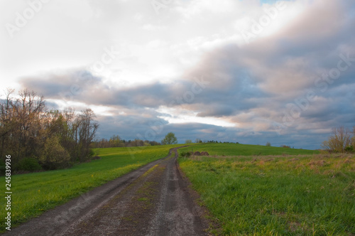 A winding country road in springtime with clouds and blue sky