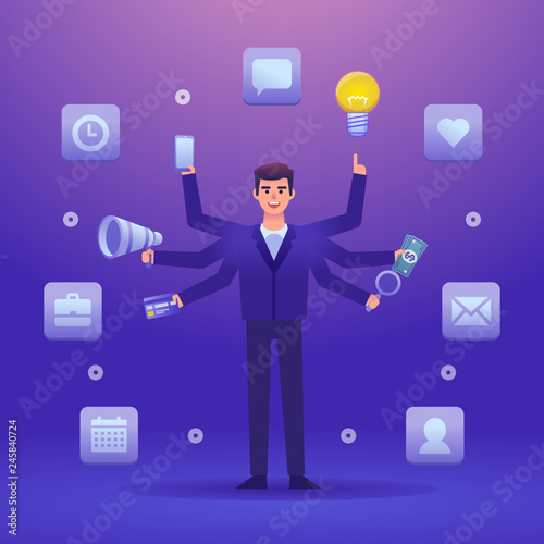 Businessman with six hands holding multiple things at the same time. Multitasking, efficient business worker concept. Colorful design vector illustration © paper_owl
