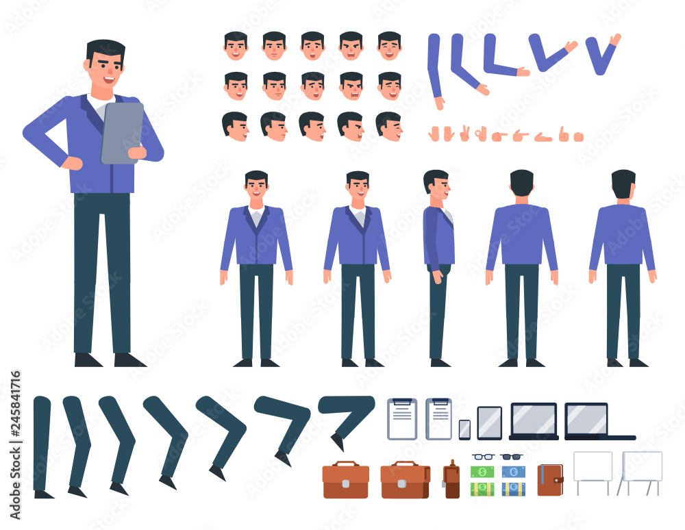 Businessman in blue suit creation kit. Create your own action, pose, animation. Various design elements, gestures, avatars. Flat design vector illustration Businessman in blue suit creation kit. Create your own action, pose, animation. Various design elements, gestures, avatars. Flat design vector illustration