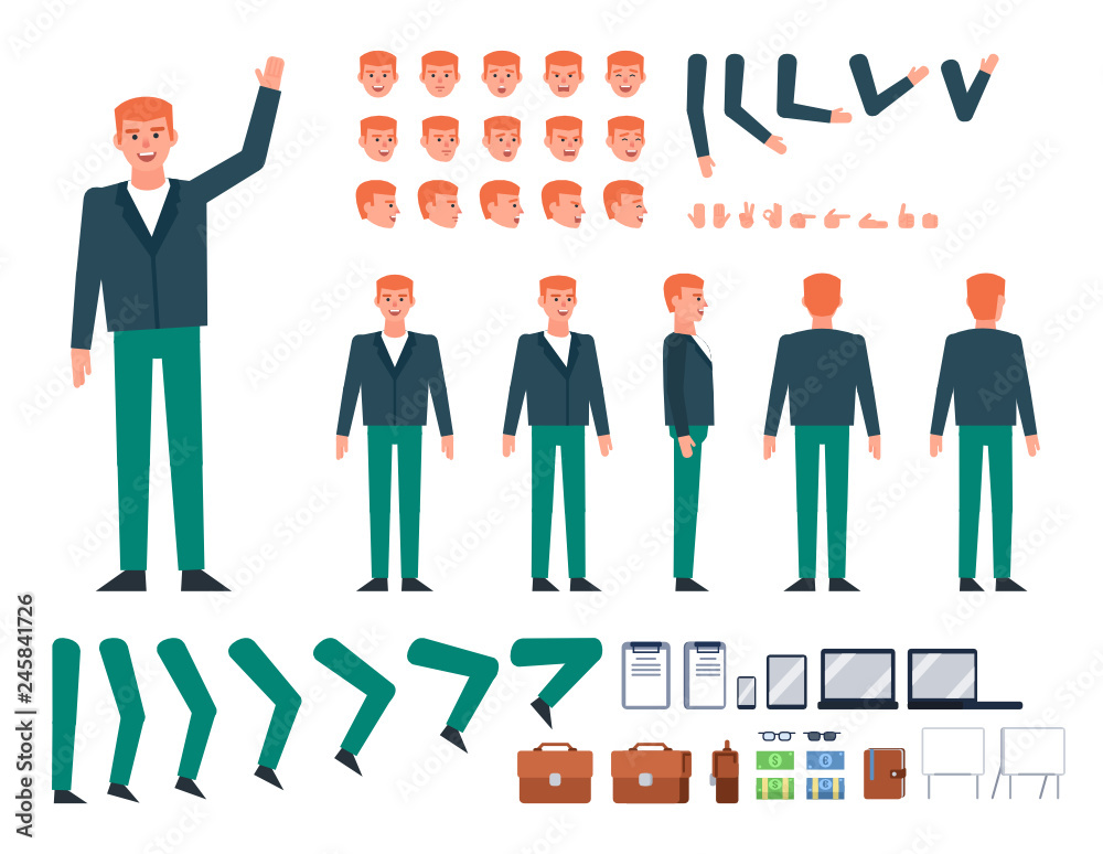 Obraz premium Ginger haired businessman creation kit. Create your own action, pose, animation. Various design elements, gestures, avatars. Flat design vector illustration