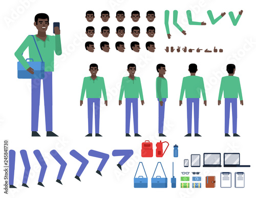 Black man in green shirt creation kit. Create your own action, pose, animation. Various design elements, gestures, avatars. Flat design vector illustration