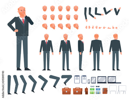 Old businessman creation kit. Create your own action, pose, animation. Various design elements, gestures, avatars. Flat design vector illustration