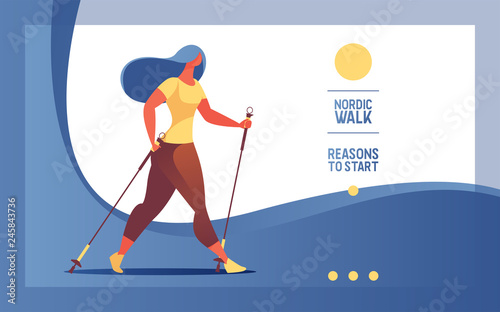 Vector horizontal web banner or landing page with young woman nordic walking. Blue gradients, template with text for healthy lifestyle and wellness.