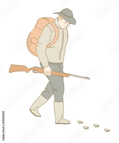 Hunter with gun or rifle and backpack huntsman