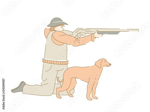 Hunter with rifle and dog aiming prey hunting