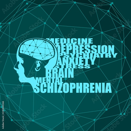 Abstract illustration of a human head with brain. Woman face silhouette. Medical theme creative concept. Connected lines with dots. Schizophrenia disease tags cloud
