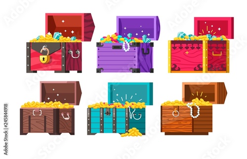 Pirate treasures in chests gold coins and jewelry