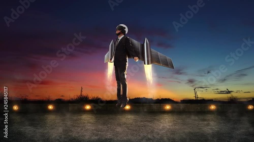 Businessman wear a rocket suit to lift , animation in 4K , Business success career development and entrepreneurship concept . photo