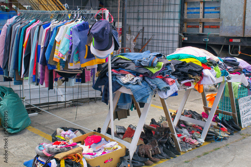 Market, selling clothes on the street, South America, Ecuador. Street trading.