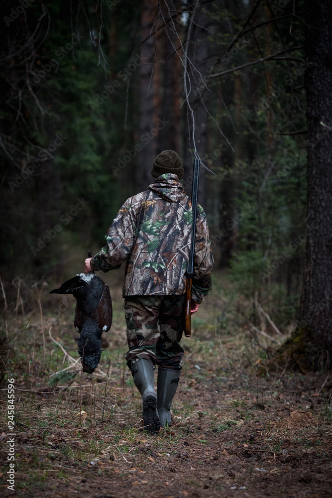 Naklejka premium grouse hunter returns from the forest with prey