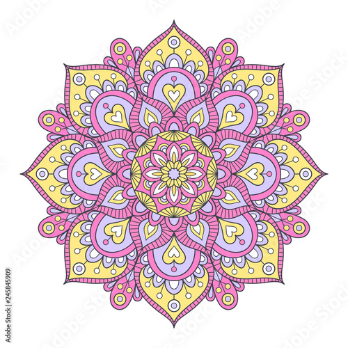 Vector hand drawn doodle mandala. Ethnic mandala with colorful tribal ornament. Isolated. Pastel colors.