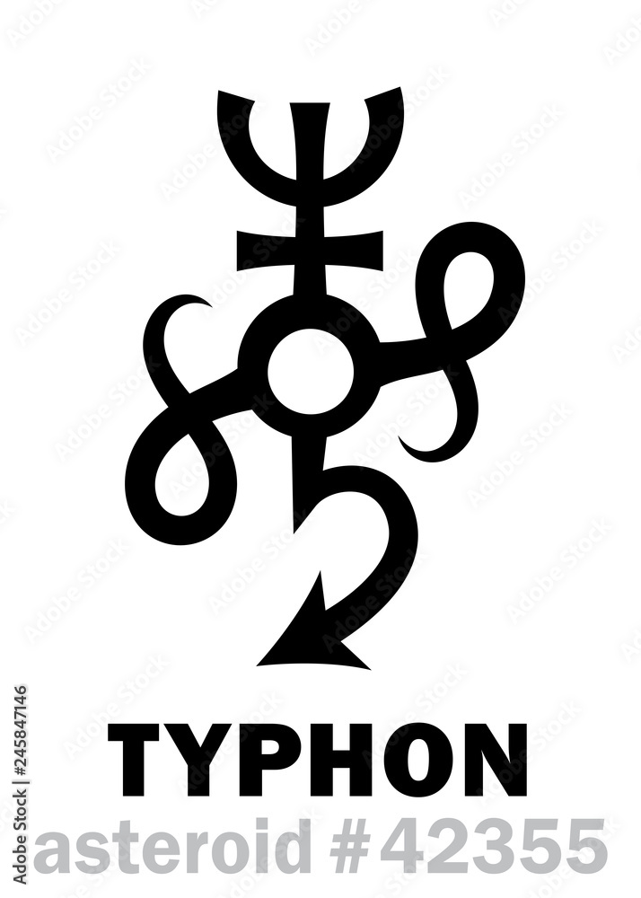 Astrology Alphabet: TYPHON, asteroid (or Scattered disc object #42355). Hieroglyphics character sign (original symbol). Astrology Alphabet: TYPHON, asteroid (or Scattered disc object #42355). Hieroglyphics character sign (original symbol).