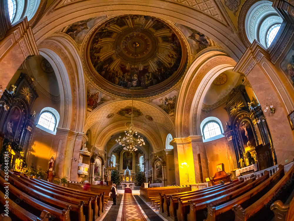 Satu Mare, Romania - January 25, 2019: Interior religious architecture of Romano - Catholic Bishopric church in Satu Mare, city of Romania