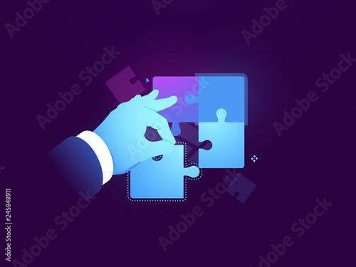 Man puts puzzle, business concept, solving a logical problem, business people collect puzzle, task management concept flat neon