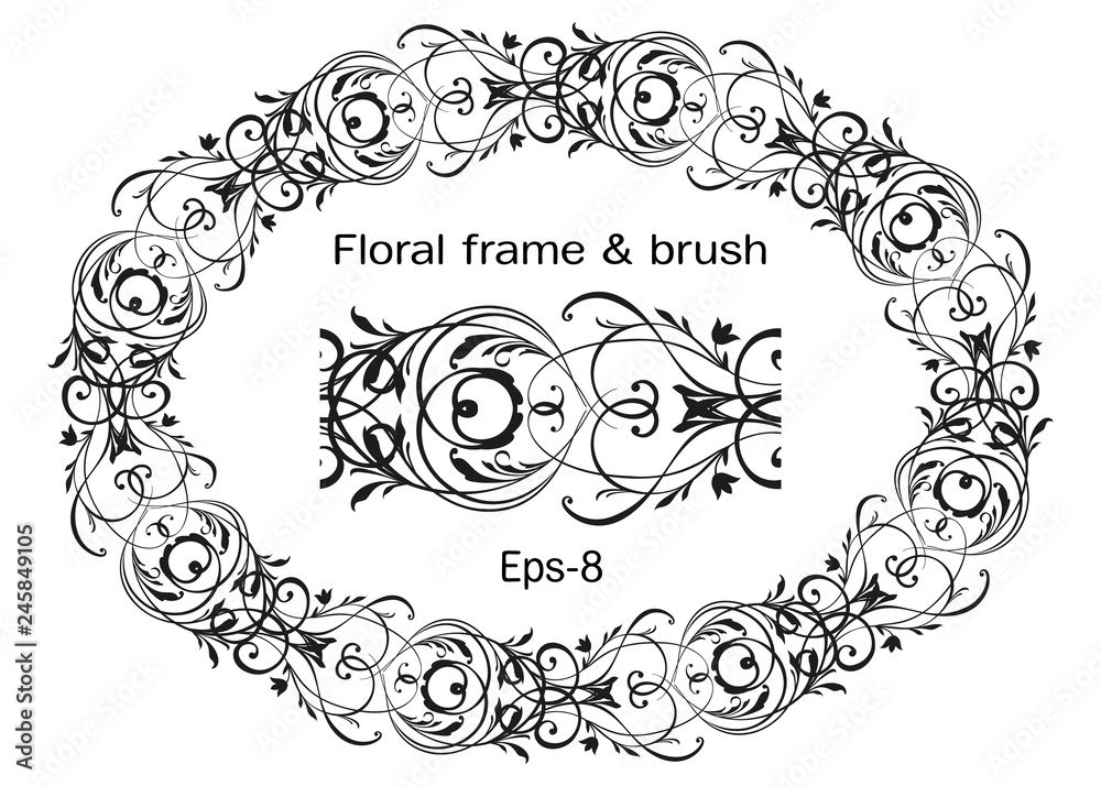 Floral black ornate Wreath isolated on white background and brush. Horisontal oval Vector Element. Vintage frame for Save the Date Card, Wedding invitation, Covers. Floral black ornate Wreath isolated on white background and brush. Horisontal oval Vector Element. Vintage frame for Save the Date Card, Wedding invitation, Covers.