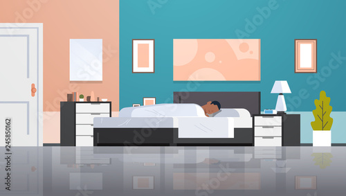 man sleeping in bed covered with quilt lazy african american guy sleep at morning bedroom modern apartment interior male cartoon character flat horizontal full length