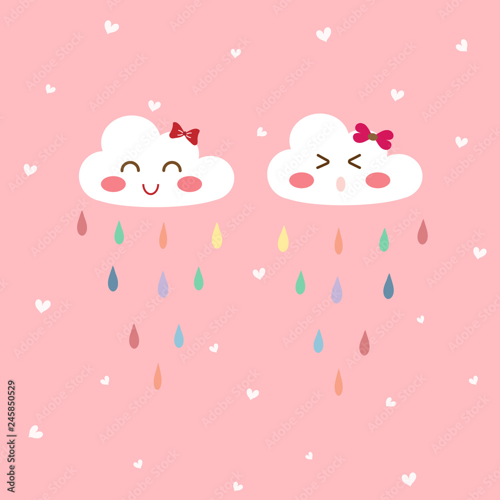 White cloud with cute face on pastel pink background with colorful raindrops and white heart. Vector concept about fresh and happy in raining day with friend for wallpaper, cloths pattern for kids.