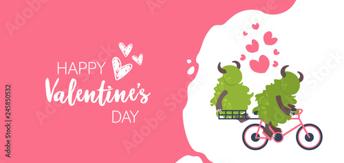 cute green monster riding bicycle carrying girlfriend happy valentines day holiday celebration concept cartoon monsters in love horizontal greeting card flat