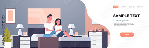 upset disappointed girlfriend feels offended couple sitting in bed worried bad relationship problem concept modern bedroom interior flat horizontal banner copy space