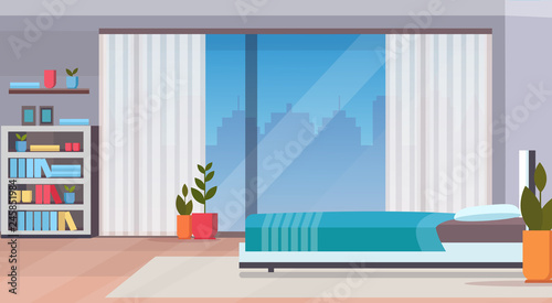 modern home bedroom interior design contemporary bed room empty no people apartment window cityscape background flat horizontal