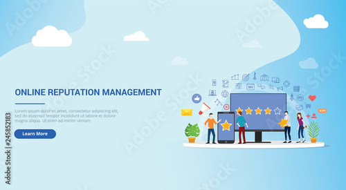 website design page template landing ui online reputation management team working together for customer review rating star with people work together to manage - vector