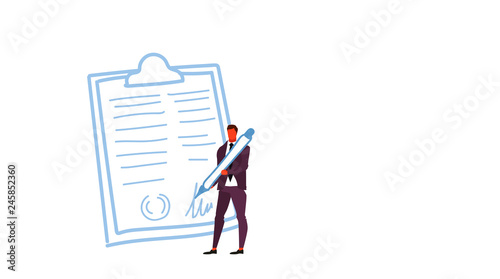 businessman holding pen signed up contract business agreement paper document concept boss signing clip board form male character full length sketch horizontal