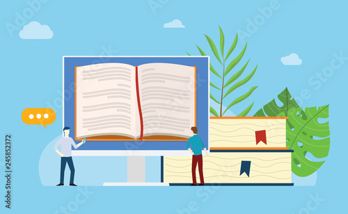 online books reading with open book on the monitor screen with stack and people team read together with blue background - vector