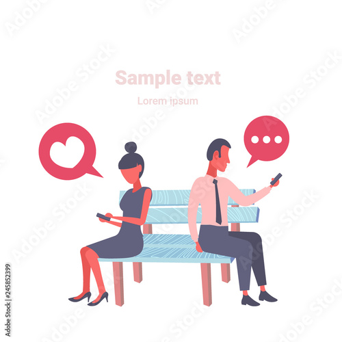 couple sitting wooden bench back to back using smartphone chat bubble communication concept man woman chatting cell phone ignoring each other flat isolated full length copy space