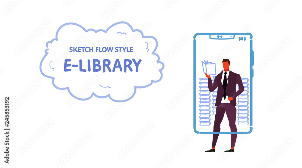 businessman using mobile app e-library concept business man reading ebook media book online library smartphone screen sketch doodle horizontal businessman using mobile app e-library concept business man reading ebook media book online library smartphone screen sketch doodle horizontal