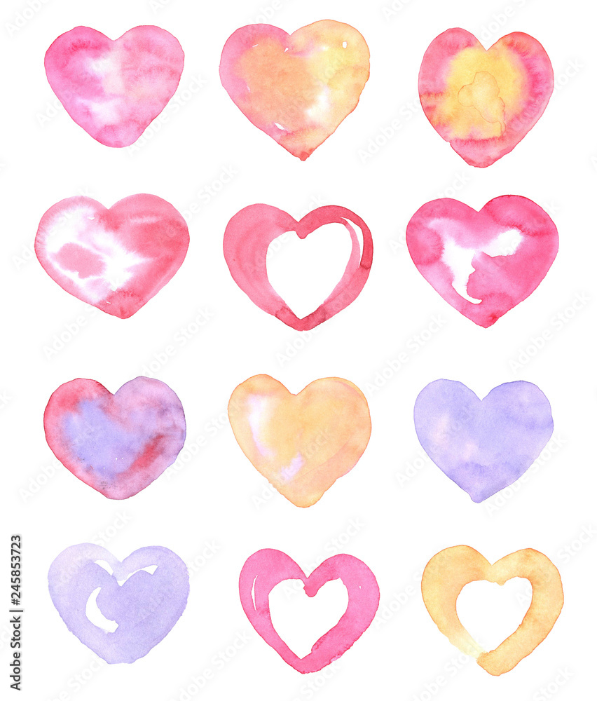 Watercolor hand drawn hearts. Perfect for Valentine's design