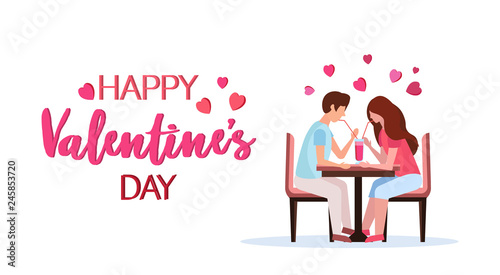couple drinking cocktail through straw together happy valentines day concept man woman in love romantic dating greeting card horizontal full length isolated flat