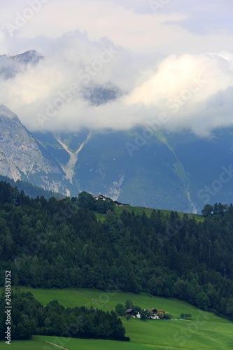 Landscape view of mountain village with nature and cloudy in Innsbruck, Tyrol, Austria