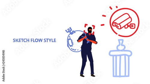 surveillance camera capturing masked thief stealing museum exhibits cctv detected robber security alarm cam caught burglar concept system sketch horizontal vector illustration