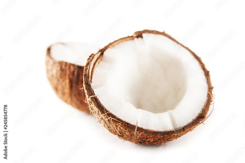 Coconut isolated on white background. Fragmented coconut close up Coconut isolated on white background. Fragmented coconut close up