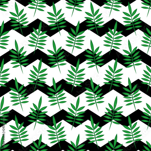 Tropical leaves with chevrons seamless pattern, vector illustration