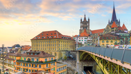 Downtown Lausanne city skyline in Switzerland