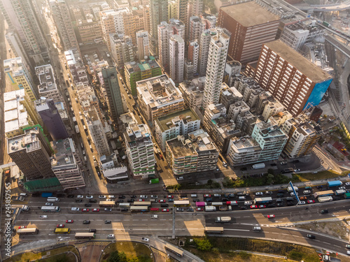 Aerial view of the crowded Kowloon city in Hong Kong photo