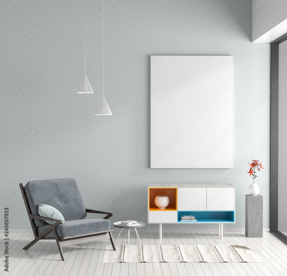 Mock up poster frame in Scandinavian style hipster interior. Minimalist modern room with armchair. 3D illustration. Mock up poster frame in Scandinavian style hipster interior. Minimalist modern room with armchair. 3D illustration.