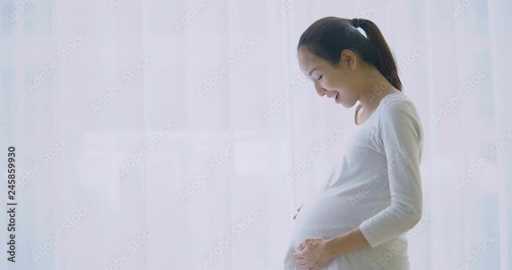 Beautiful asian pregnant woman looking through window and rubbing stomach at living room. Beautiful asian pregnant woman looking through window and rubbing stomach at living room.