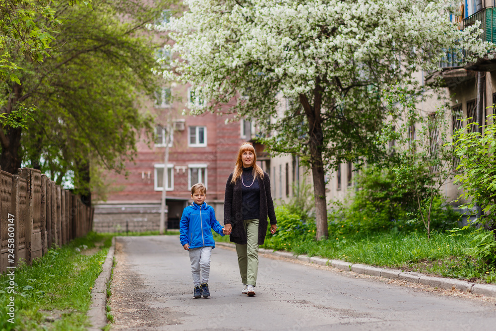 a woman of fifty walks by the hand with her seven-year-old grandson in the city quarter in the spring, blooming Apple trees