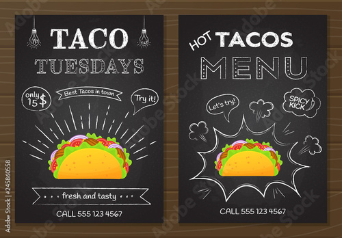 Traditional mexican fastfood tacos menu. Chalk board style food poster with hand drawn decoration on blackboard with tacos menu and taco tuesday offer and colorful beef taco vector illustration.