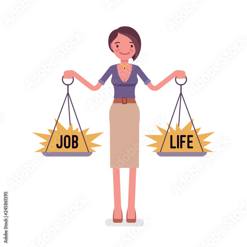 Young woman with scales to balance job, life