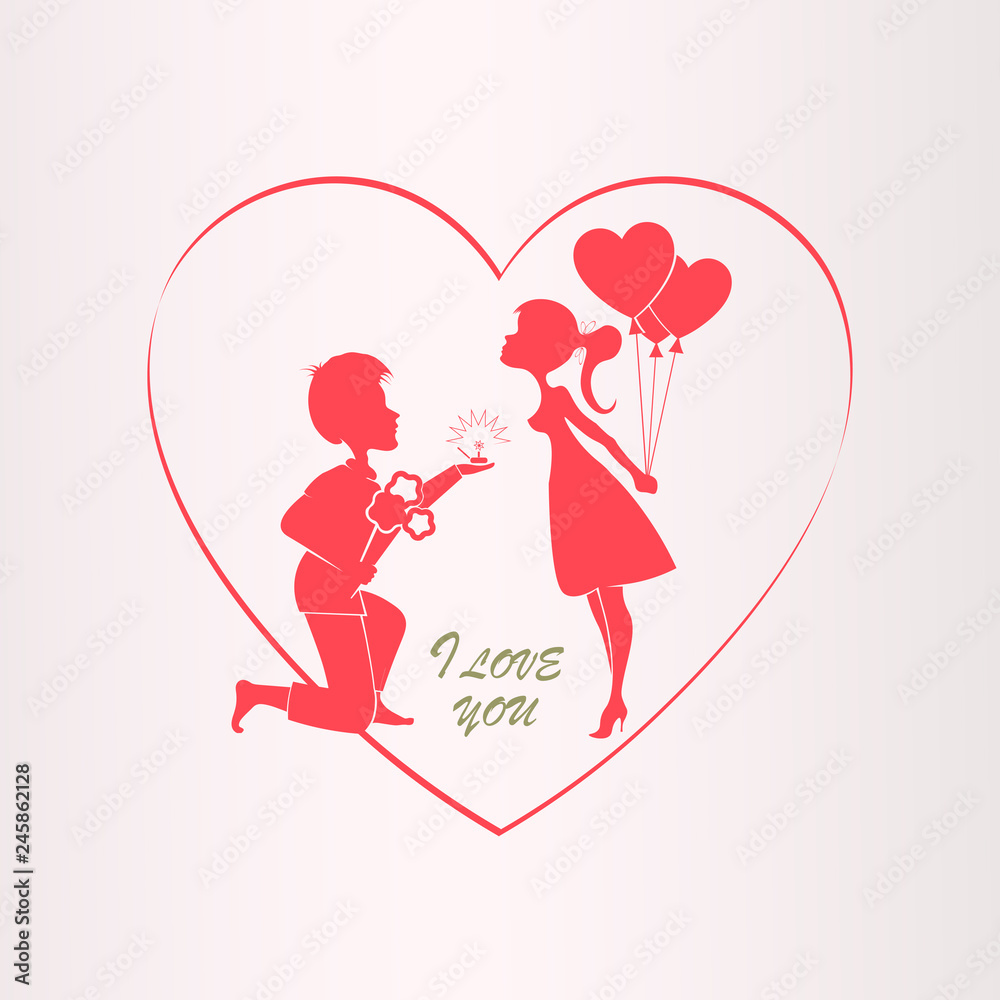 Illustration with silhouette of heart, boy on his knees and girls with balloons, Illustration with silhouette of heart, boy on his knees and girls with balloons,