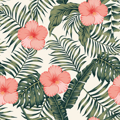 Fotobehang Hibiscus patronen Abstracte hibiscus palmbladeren witte achtergrond  © berry2046