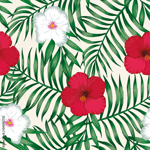 Hibiscus red white green palm leaves seamless