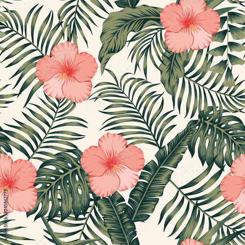 Tropical leaves and hibiscus abstract colors seamless white background