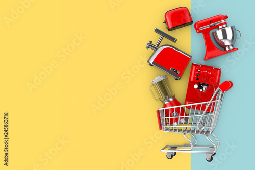Many Kitchen Appliance Falling in Shopping Cart. 3d Rendering photo