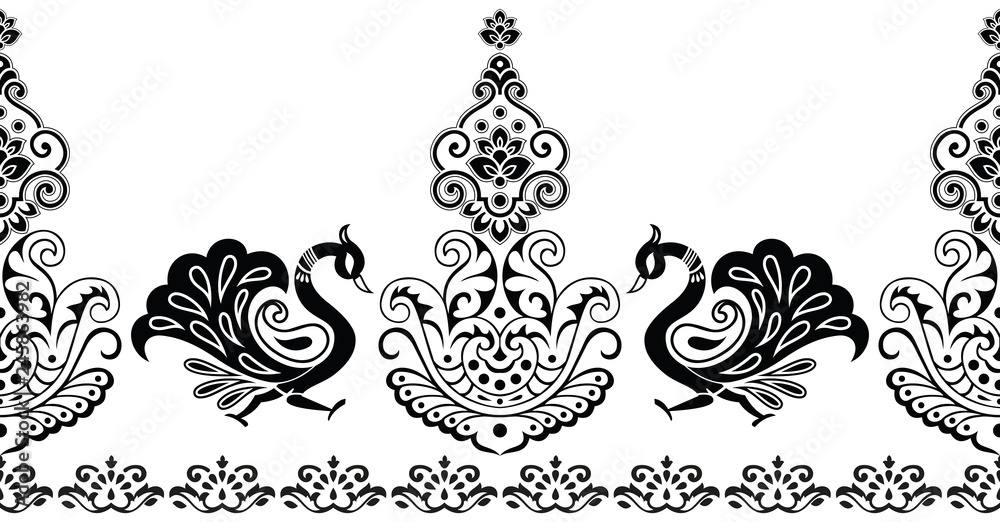 Seamless black and white traditional indian peacock border
