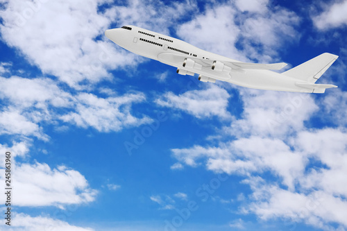 White Jet Passenger's Airplane in the Sky with Clouds. 3d Rendering