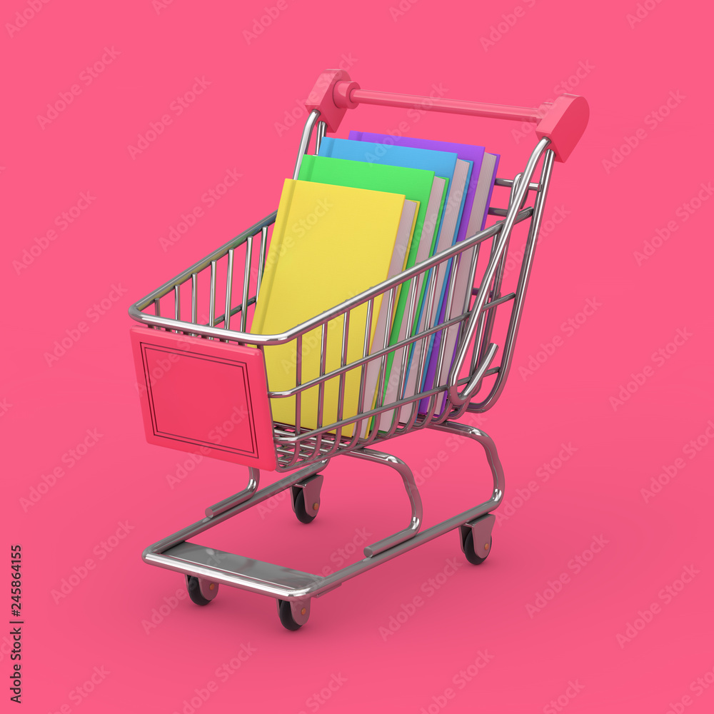 Buying of Books Concept. Shopping Cart with Stack of Books. 3d Rendering